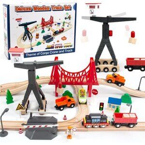 Wooden Train Set, 56-Piece Deluxe Kids Toy Train Set for 2 3 4 5 Year